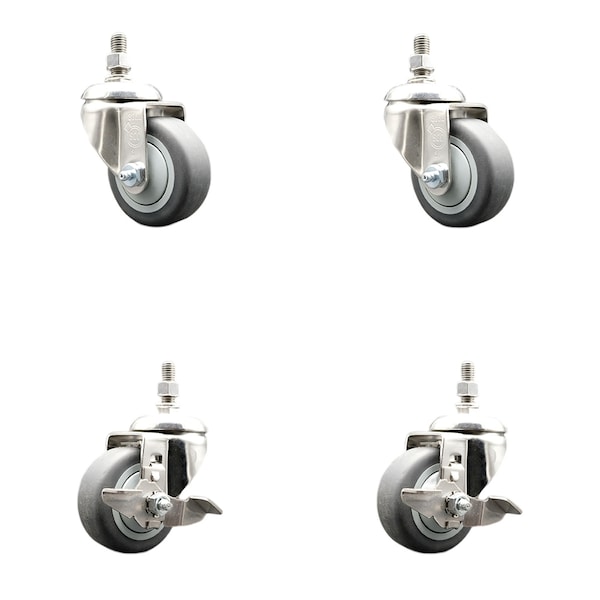 Service Caster 3.5 Inch 316SS Thermoplastic Rubber 3/8 Inch Threaded Stem Caster Brake, 2PK SS316TS20S3514-TPRB-381615-2-TLB-2 - main